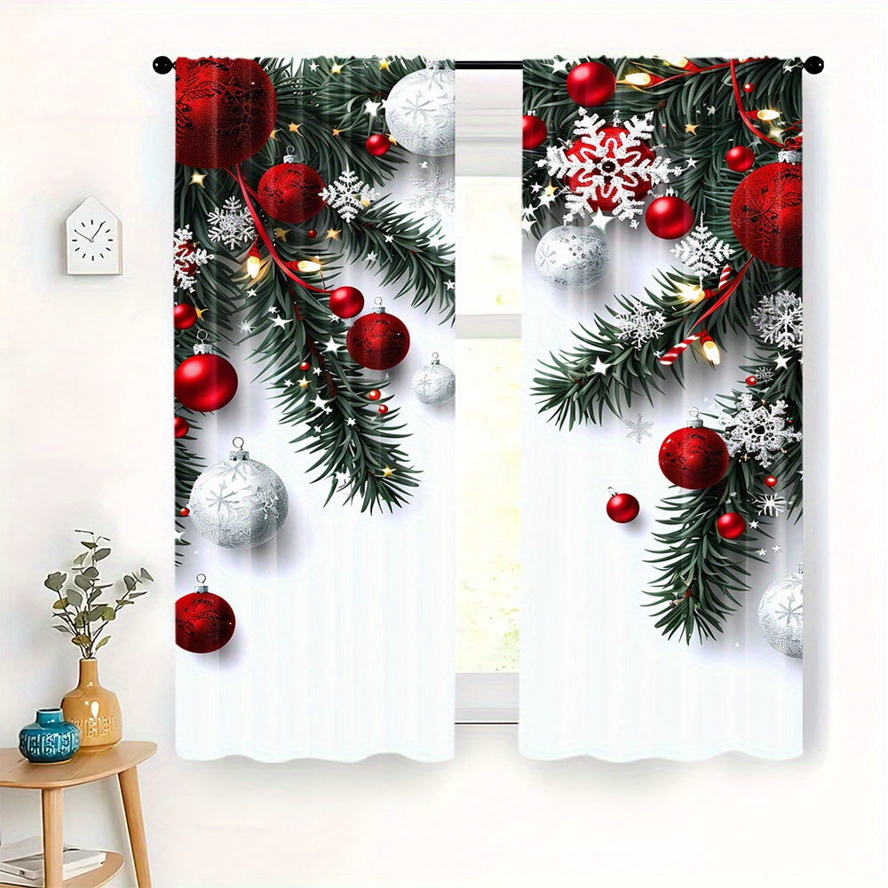 Christmas Ball and Leaf Design Curtain Set 2 Pieces Polyester Digital Print Rod Pocket Living Room Bedroom Kitchen Decor