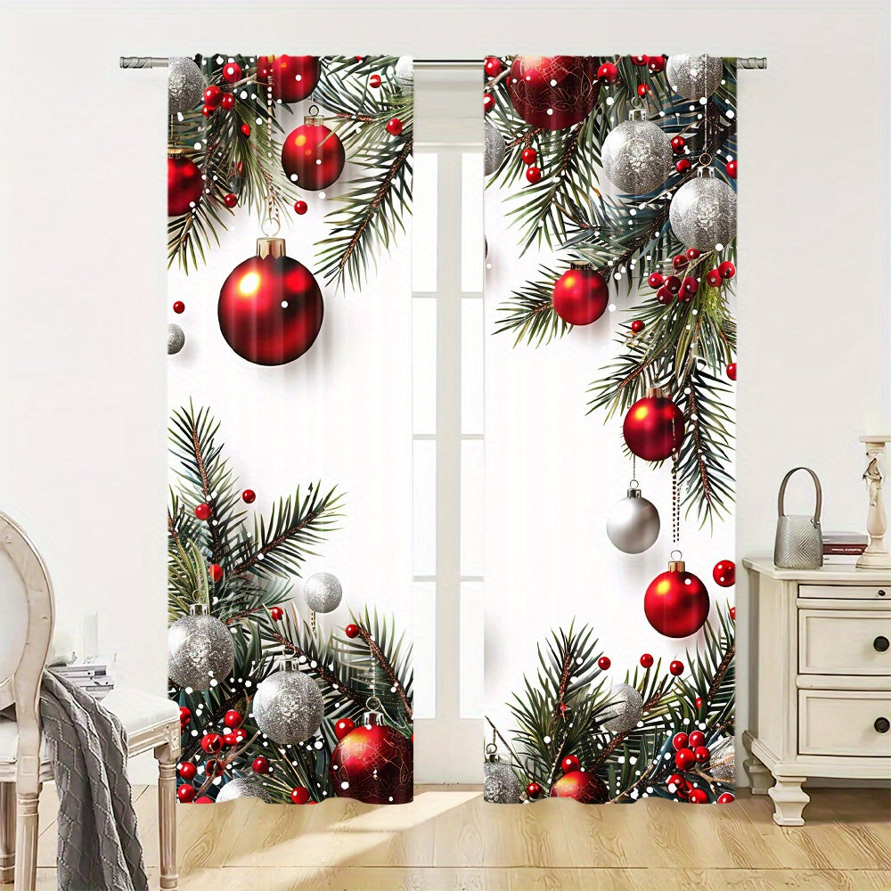 Christmas Ball and Leaf Design Polyester Curtains 2 Piece Set Rod Pocket for Living Room Kitchen Bedroom