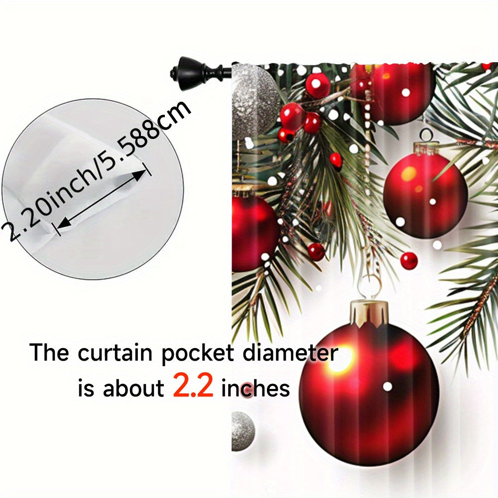 Christmas Ball and Leaf Design Polyester Curtains 2 Piece Set Rod Pocket for Living Room Kitchen Bedroom