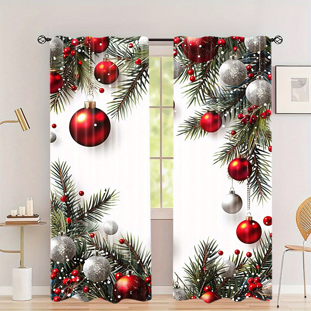 Christmas Ball and Leaf Design Polyester Curtains 2 Piece Set Rod Pocket for Living Room Kitchen Bedroom