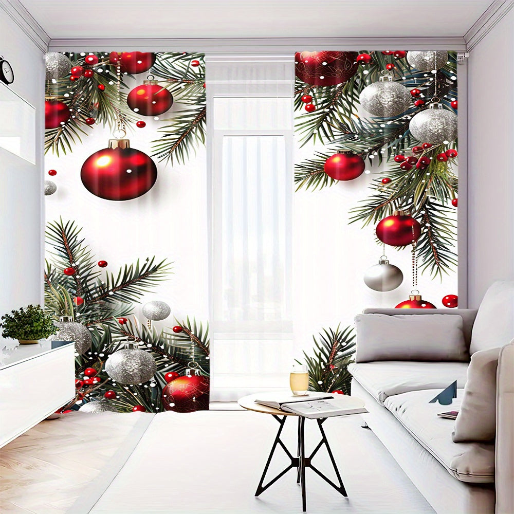Christmas Ball and Leaf Design Polyester Curtains 2 Piece Set Rod Pocket for Living Room Kitchen Bedroom