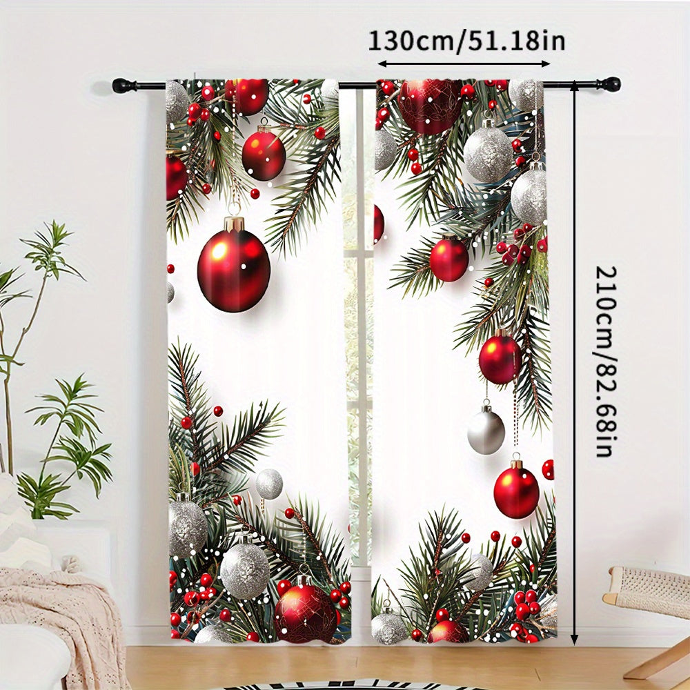 Christmas Ball and Leaf Design Polyester Curtains 2 Piece Set Rod Pocket for Living Room Kitchen Bedroom