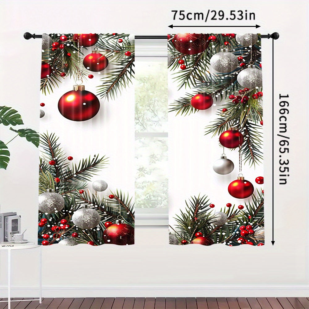 Christmas Ball and Leaf Design Polyester Curtains 2 Piece Set Rod Pocket for Living Room Kitchen Bedroom
