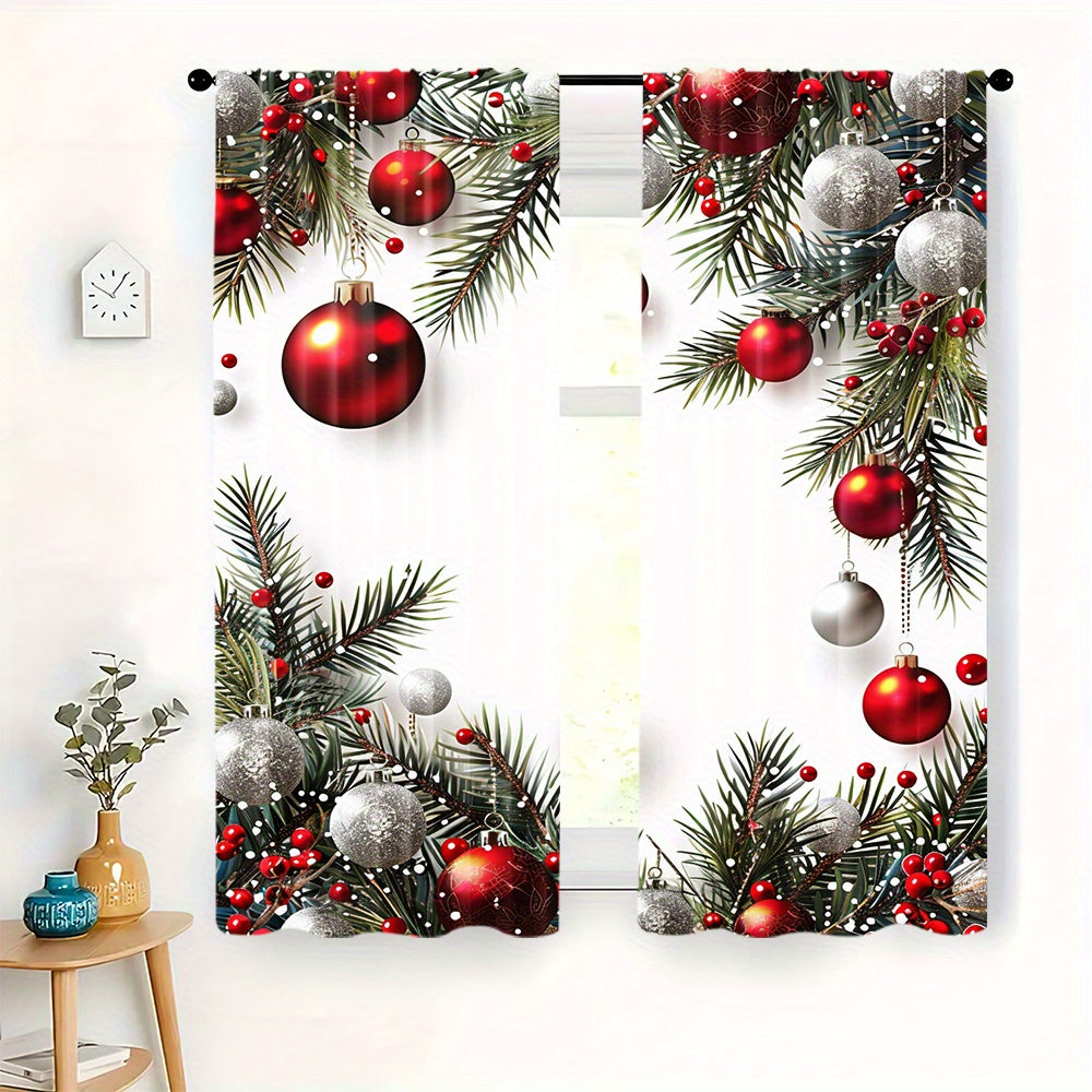 Christmas Ball and Leaf Design Polyester Curtains 2 Piece Set Rod Pocket for Living Room Kitchen Bedroom
