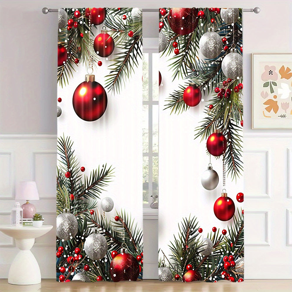 Christmas Ball and Leaf Design Polyester Curtains 2 Piece Set Rod Pocket for Living Room Kitchen Bedroom