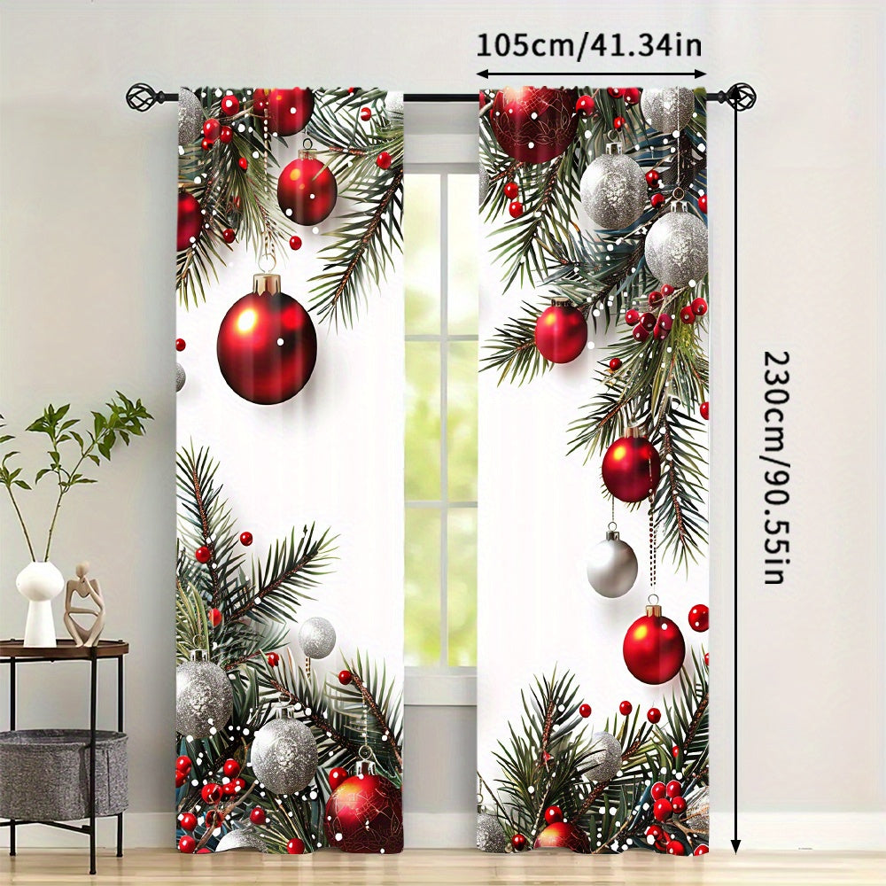 Christmas Ball and Leaf Design Polyester Curtains 2 Piece Set Rod Pocket for Living Room Kitchen Bedroom