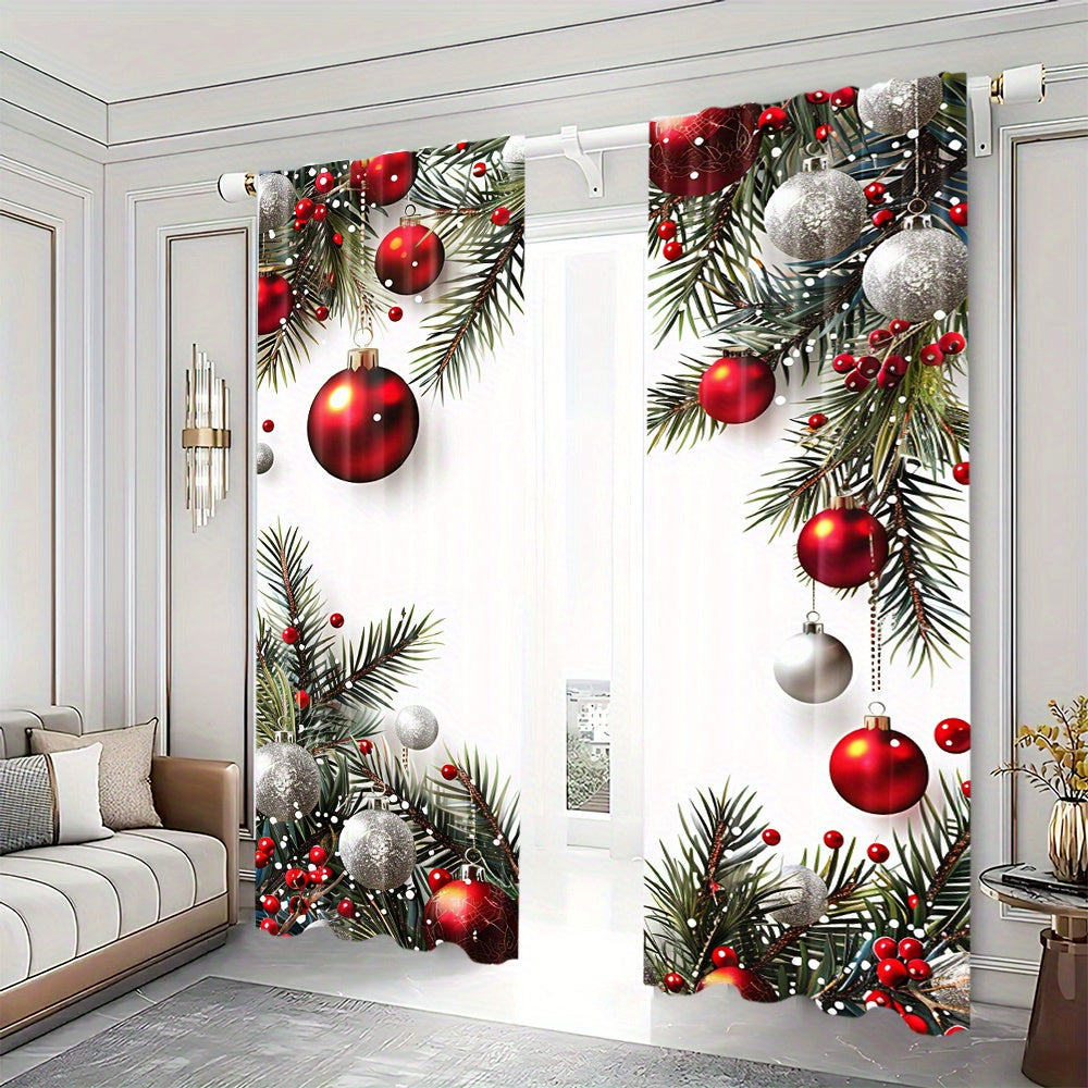 Christmas Ball and Leaf Design Polyester Curtains 2 Piece Set Rod Pocket for Living Room Kitchen Bedroom