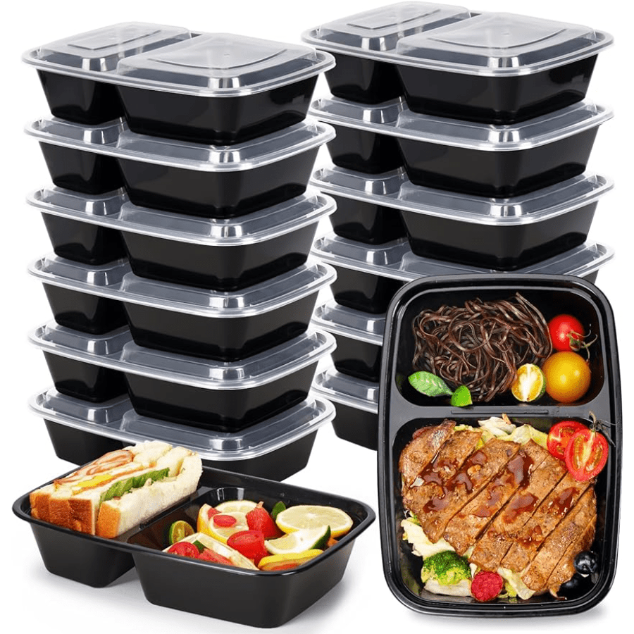 Set of 5 Microwave Safe Plastic Meal Prep Containers with 2 Compartments Leak-Proof Stackable