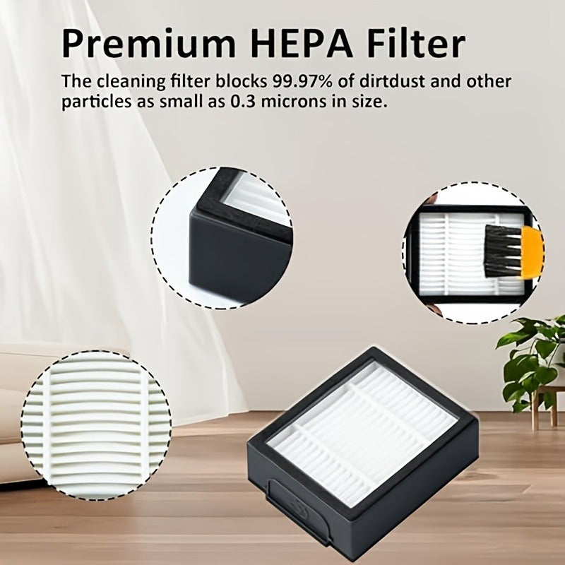 Комплект запасных частей для пылесосов iRobot серии I7, I7+, I8, I8+, I1, I2, I3, I3+, I4, I4+, I6, I6+, E5, E6, E7, J6, J7, J7+. В комплект входят 2 резиновые щетки, 5 боковых щеток, 6 HEPA-фильтров и 2 инструмента для чистки.