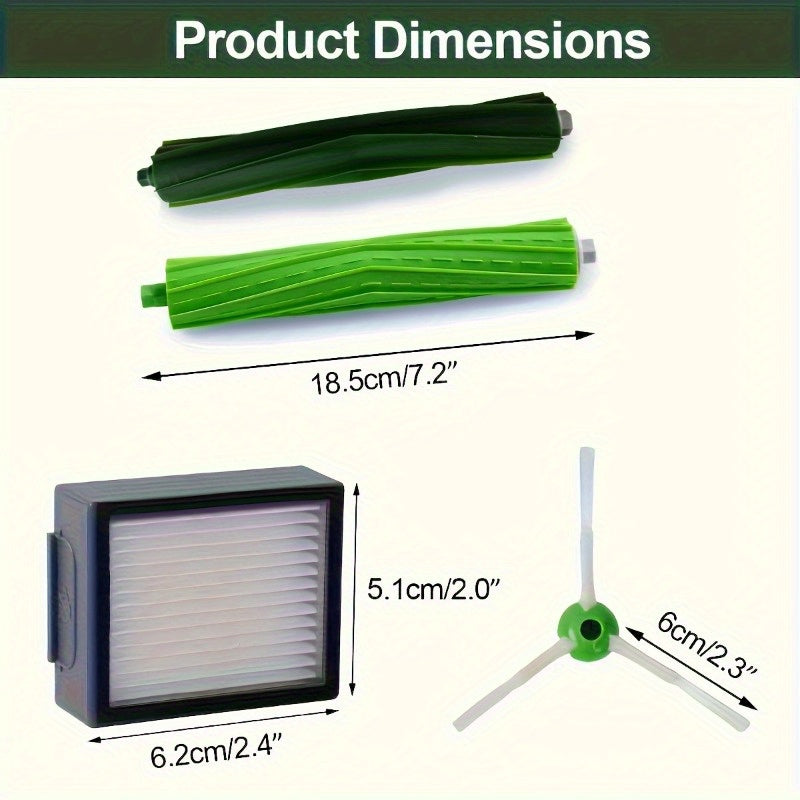 Комплект запасных частей для пылесосов iRobot серии I7, I7+, I8, I8+, I1, I2, I3, I3+, I4, I4+, I6, I6+, E5, E6, E7, J6, J7, J7+. В комплект входят 2 резиновые щетки, 5 боковых щеток, 6 HEPA-фильтров и 2 инструмента для чистки.