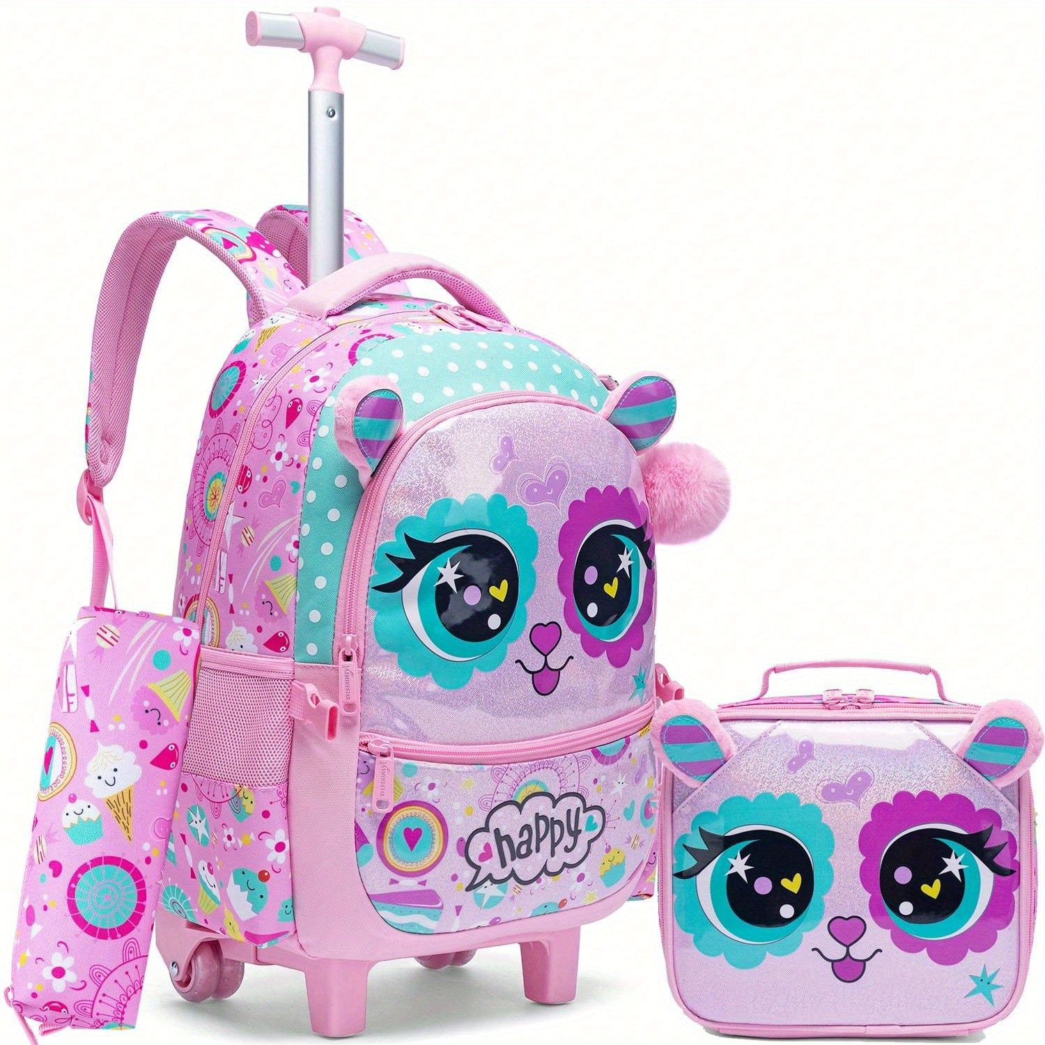 Kids Girl Backpack Set 3-Piece Trolley Lunch Bag Pencil Case for School Travel