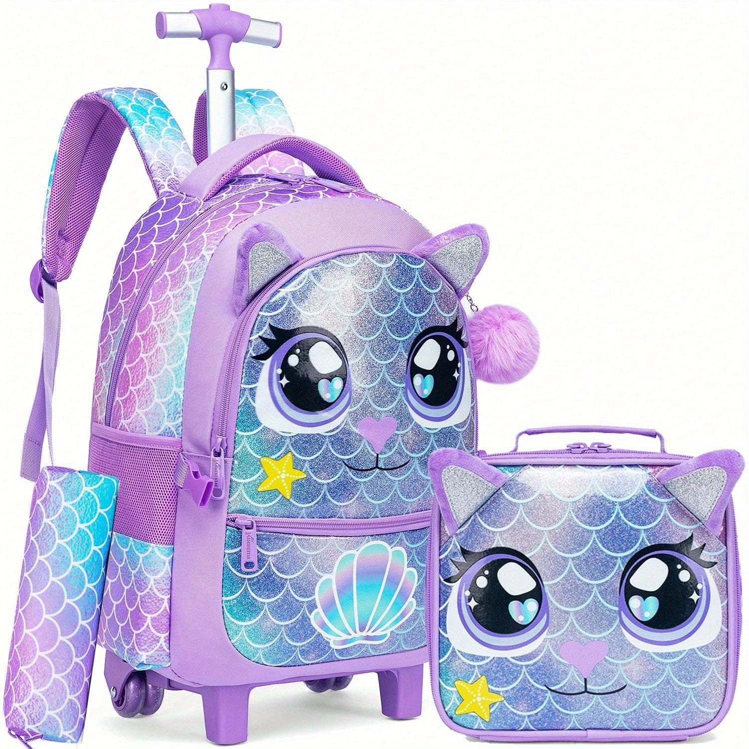 Kids Girl Backpack Set 3-Piece Trolley Lunch Bag Pencil Case for School Travel