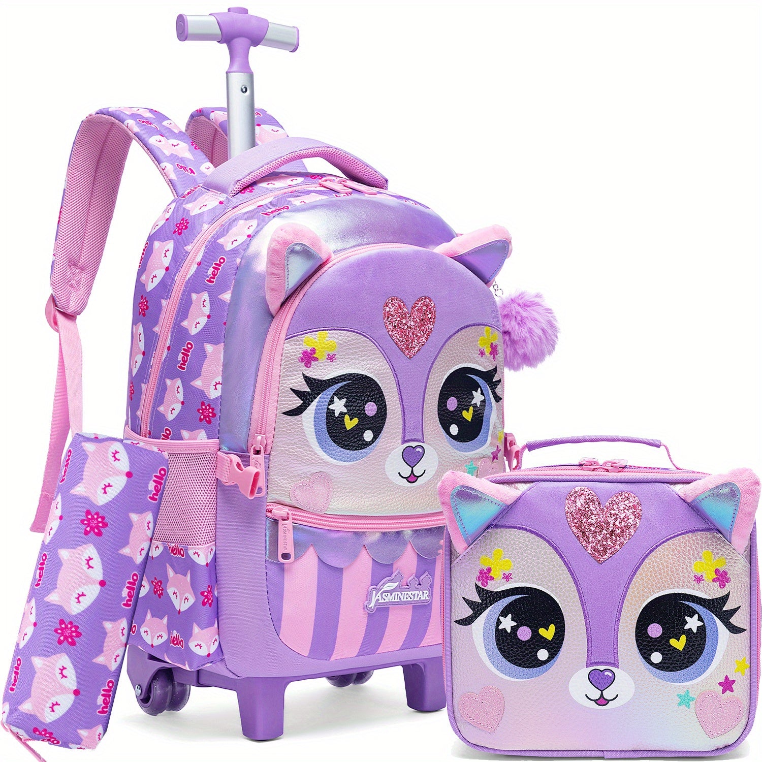 Kids Girl Backpack Set 3-Piece Trolley Lunch Bag Pencil Case for School Travel