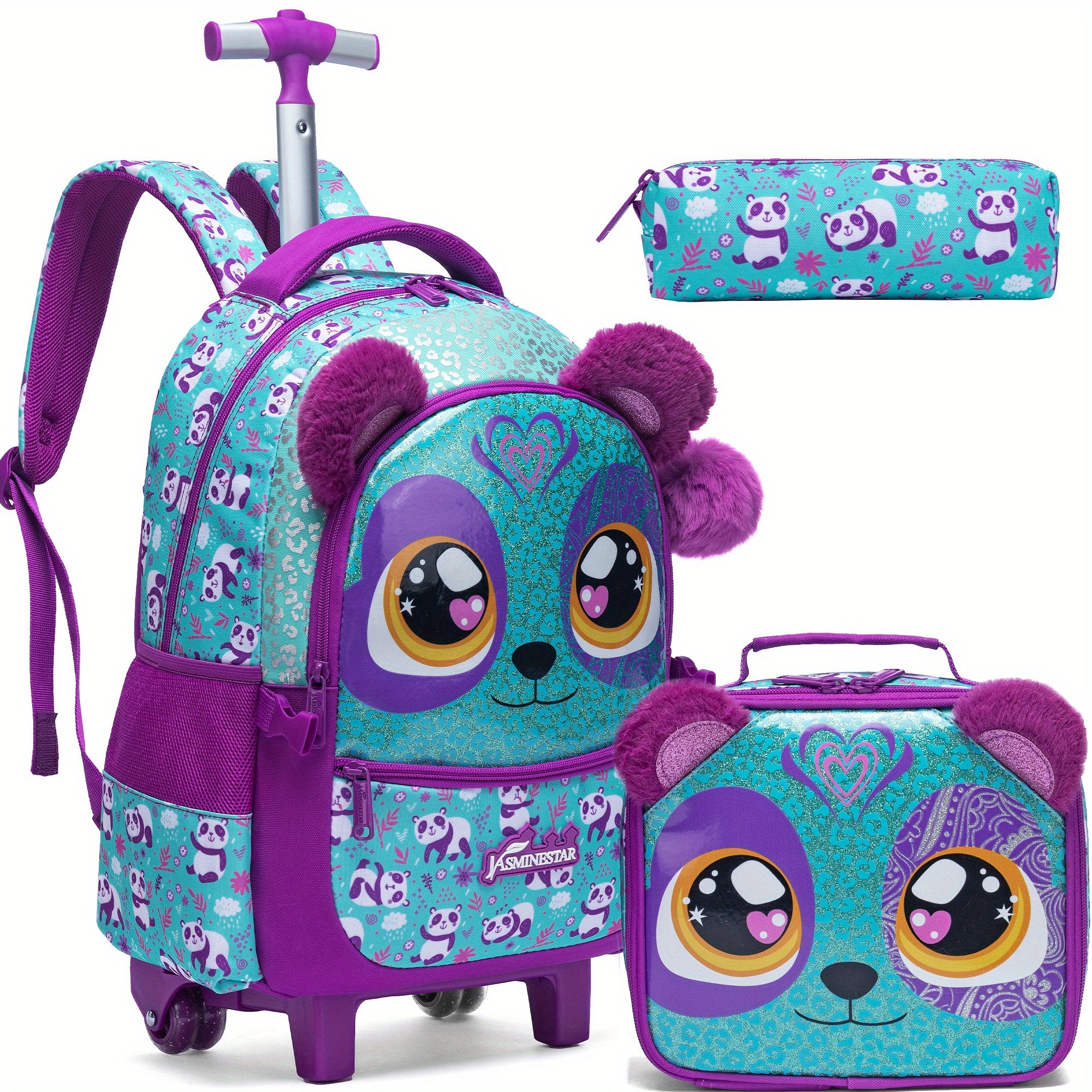 Kids Girl Backpack Set 3-Piece Trolley Lunch Bag Pencil Case for School Travel