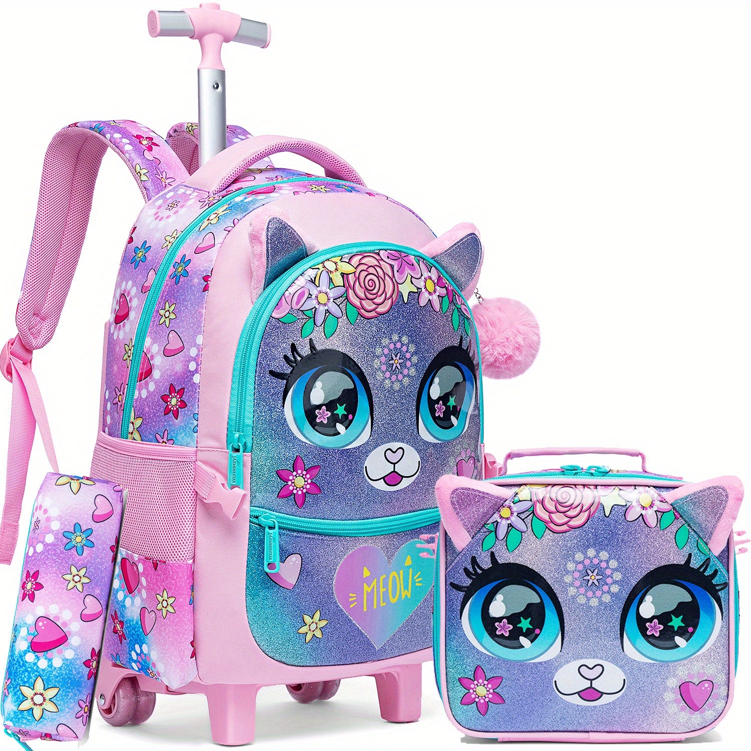 Kids Girl Backpack Set 3-Piece Trolley Lunch Bag Pencil Case for School Travel