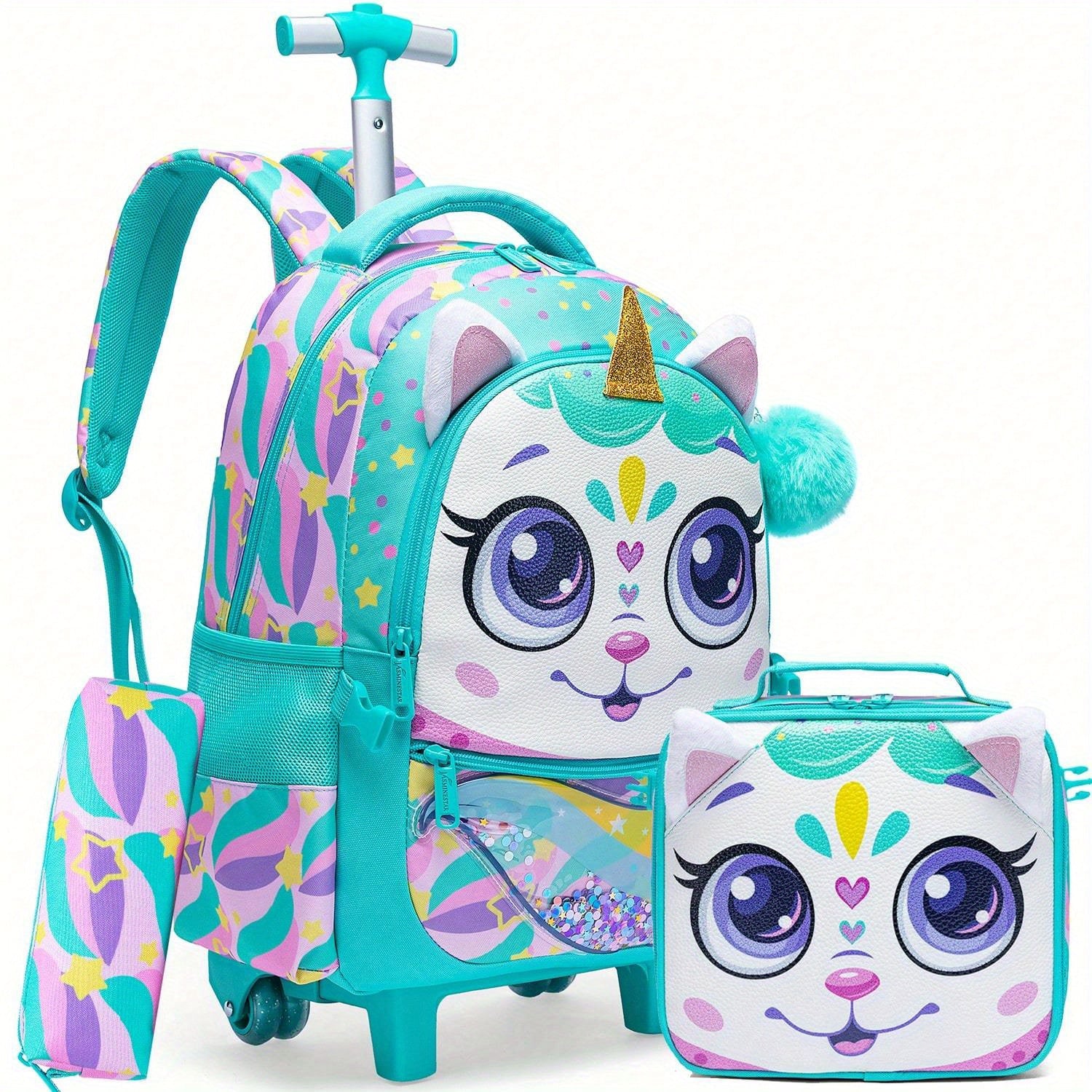 Kids Girl Backpack Set 3-Piece Trolley Lunch Bag Pencil Case for School Travel