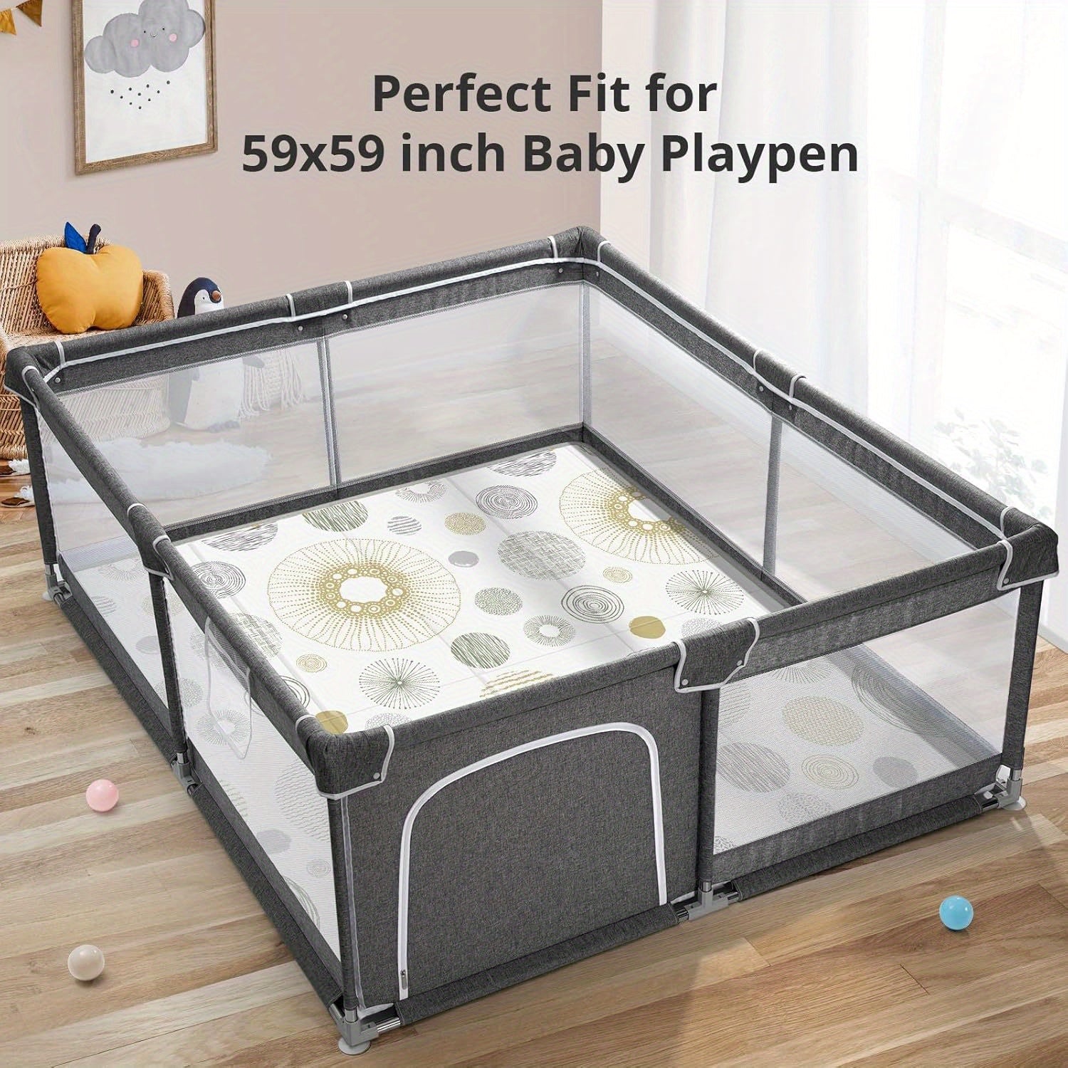 Kids Play Mat Double-Sided Waterproof Non-Slip Indoor Outdoor Circles Lines 149cm