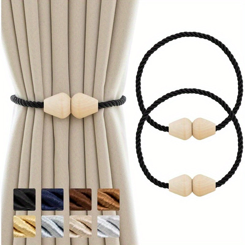 Set of 2 Wooden Magnetic Boho Rope Curtain Tiebacks Beige Window Holdbacks