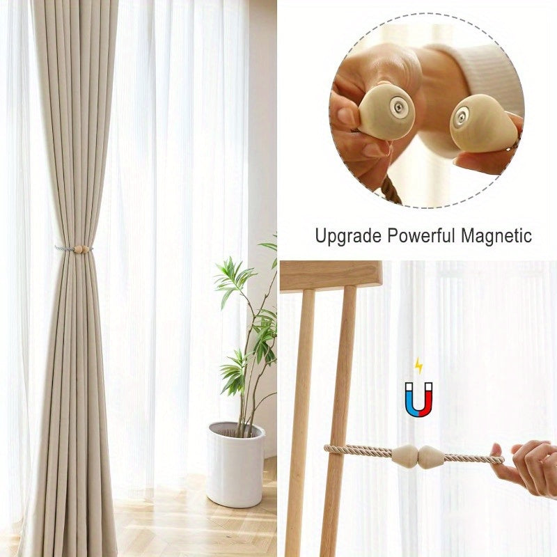 Set of 2 Wooden Magnetic Boho Rope Curtain Tiebacks Beige Window Holdbacks