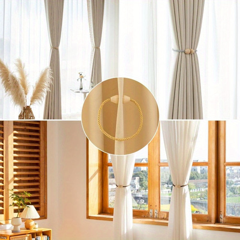 Set of 2 Wooden Magnetic Boho Rope Curtain Tiebacks Beige Window Holdbacks
