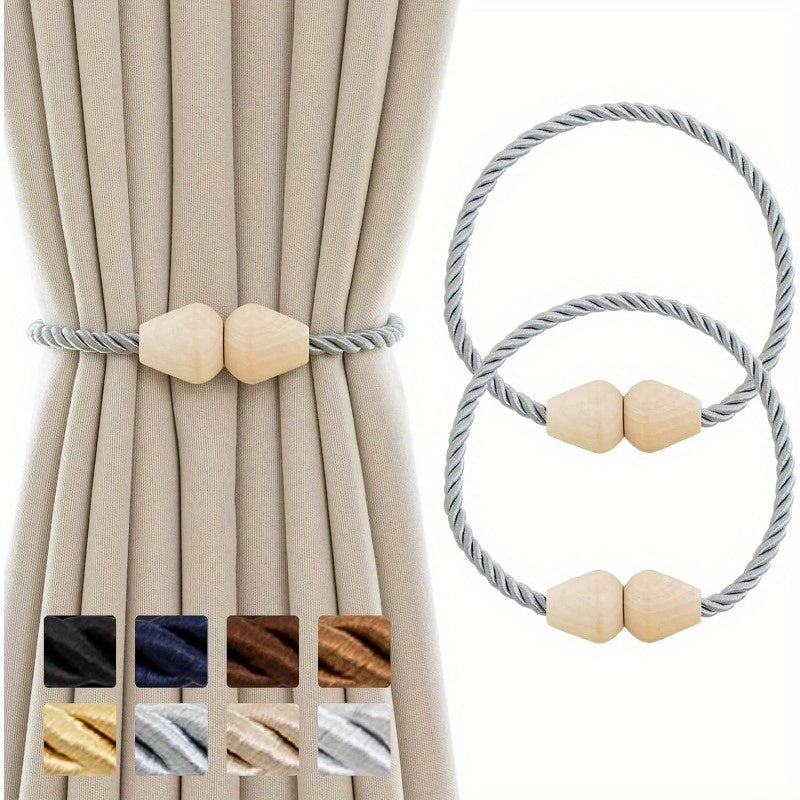 Set of 2 Wooden Magnetic Boho Rope Curtain Tiebacks Beige Window Holdbacks