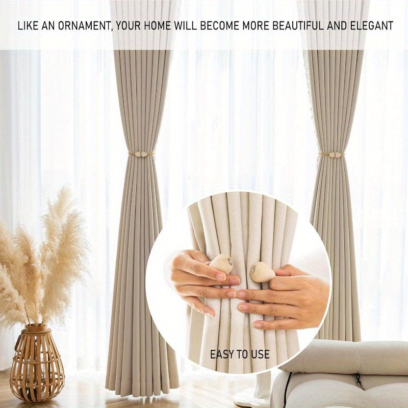 Set of 2 Wooden Magnetic Boho Rope Curtain Tiebacks Beige Window Holdbacks