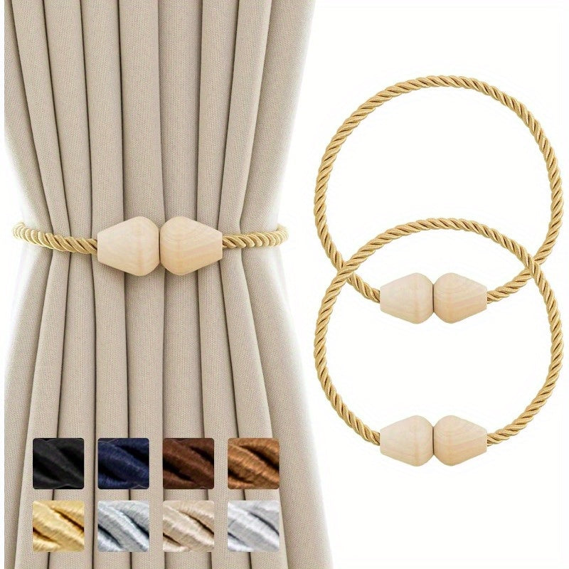 Set of 2 Wooden Magnetic Boho Rope Curtain Tiebacks Beige Window Holdbacks