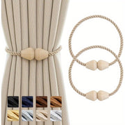 Set of 2 Wooden Magnetic Boho Rope Curtain Tiebacks Beige Window Holdbacks