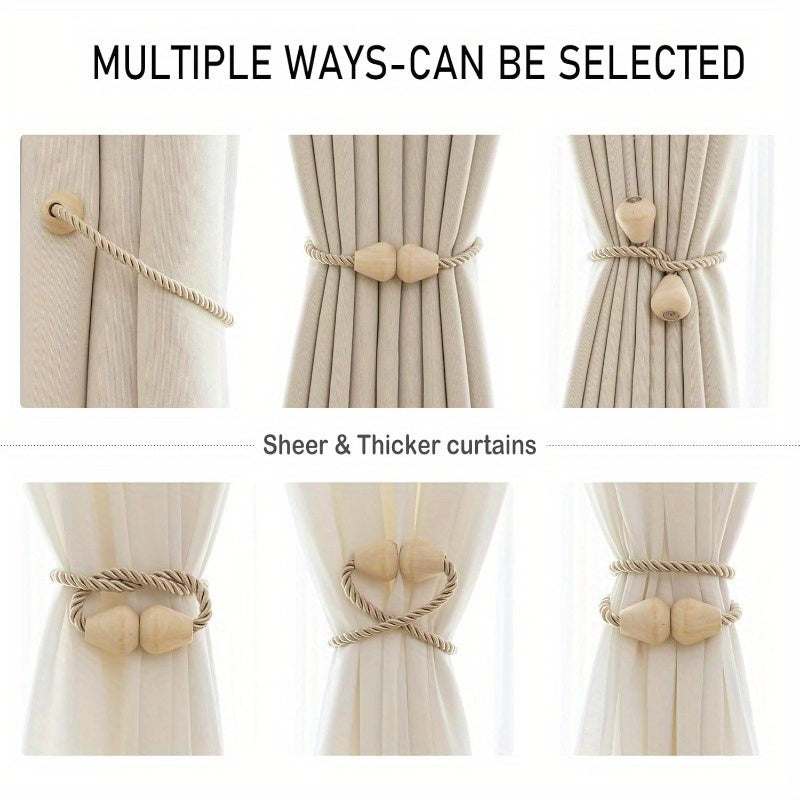Set of 2 Wooden Magnetic Boho Rope Curtain Tiebacks Beige Window Holdbacks