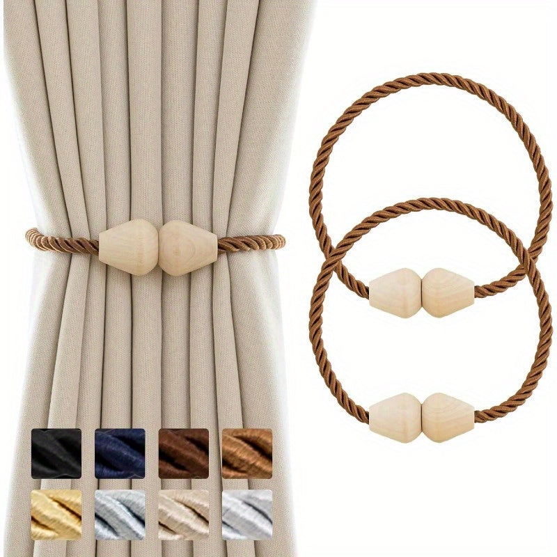 Set of 2 Wooden Magnetic Boho Rope Curtain Tiebacks Beige Window Holdbacks