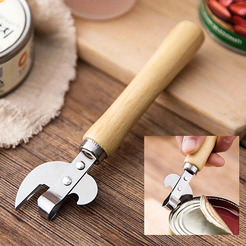 Stainless Steel Can Opener with Wooden Handle Manual Jar Bottle Opener Kitchen Bar