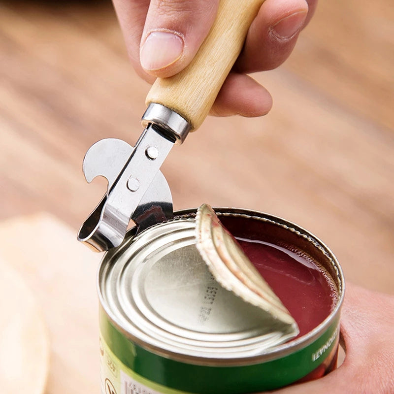 Stainless Steel Can Opener with Wooden Handle Manual Jar Bottle Opener Kitchen Bar