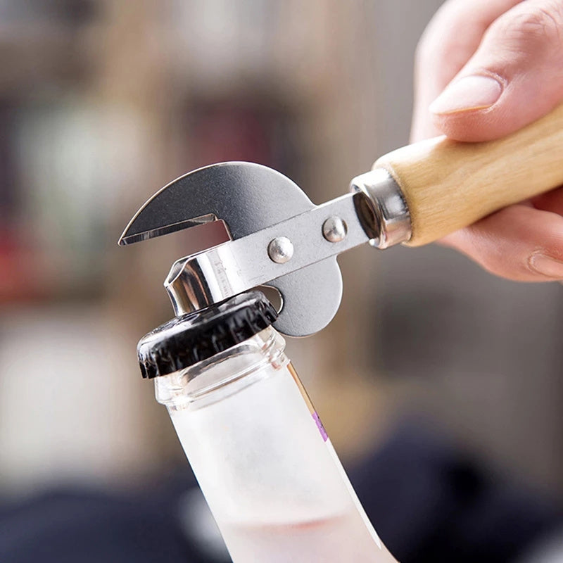 Stainless Steel Can Opener with Wooden Handle Manual Jar Bottle Opener Kitchen Bar