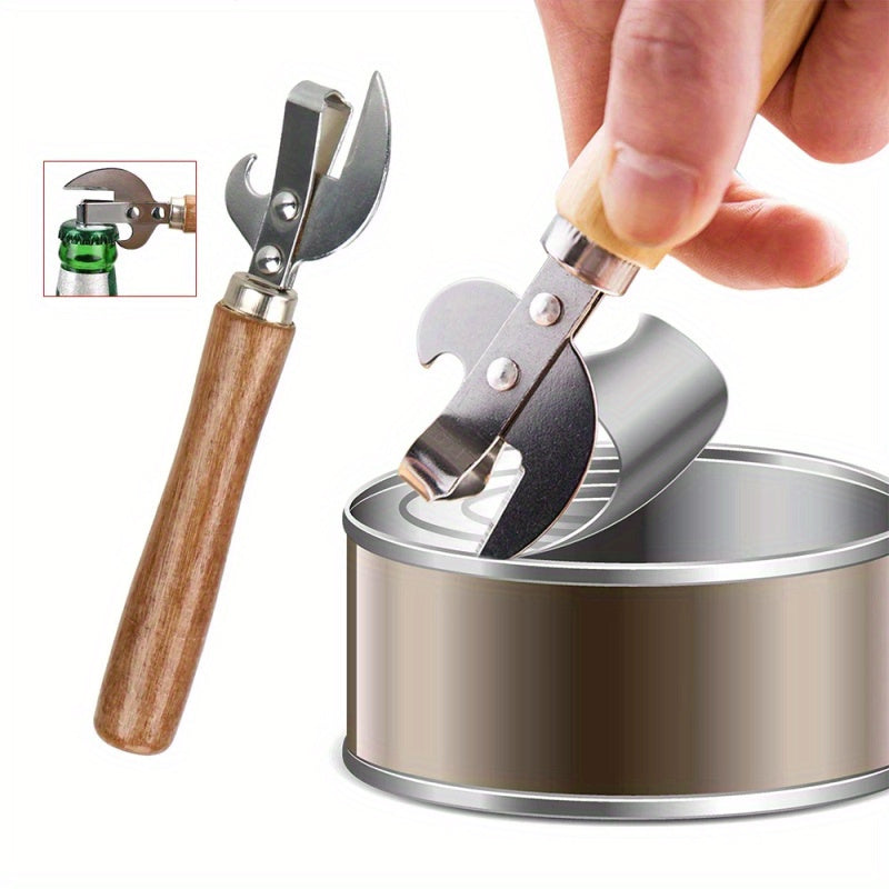 Stainless Steel Can Opener with Wooden Handle Manual Jar Bottle Opener Kitchen Bar