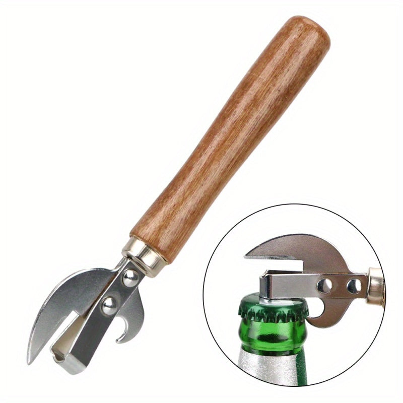 Stainless Steel Can Opener with Wooden Handle Manual Jar Bottle Opener Kitchen Bar