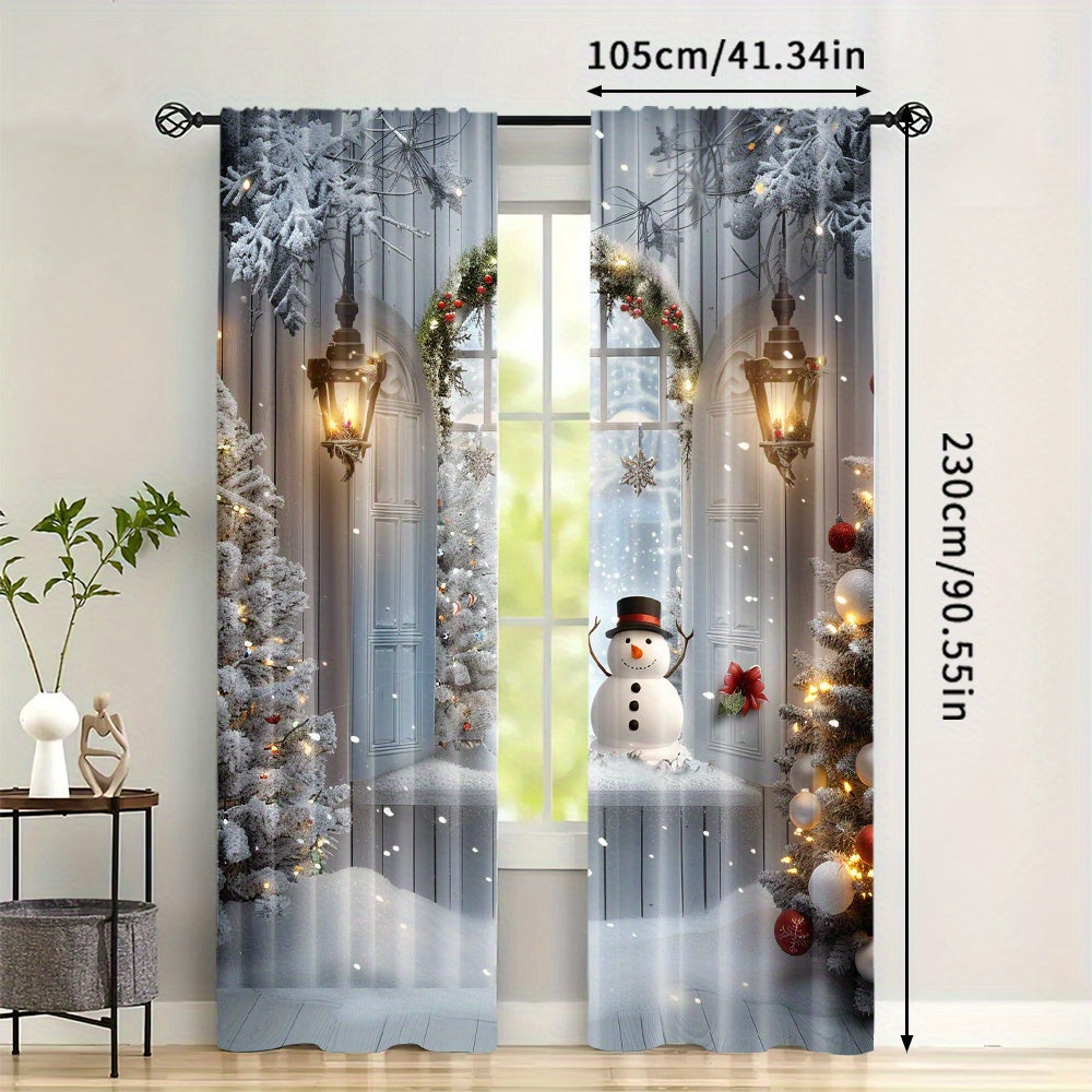 Polyester Christmas Curtains with Snowman and Tree Print Pack of 2 for Holiday Decor