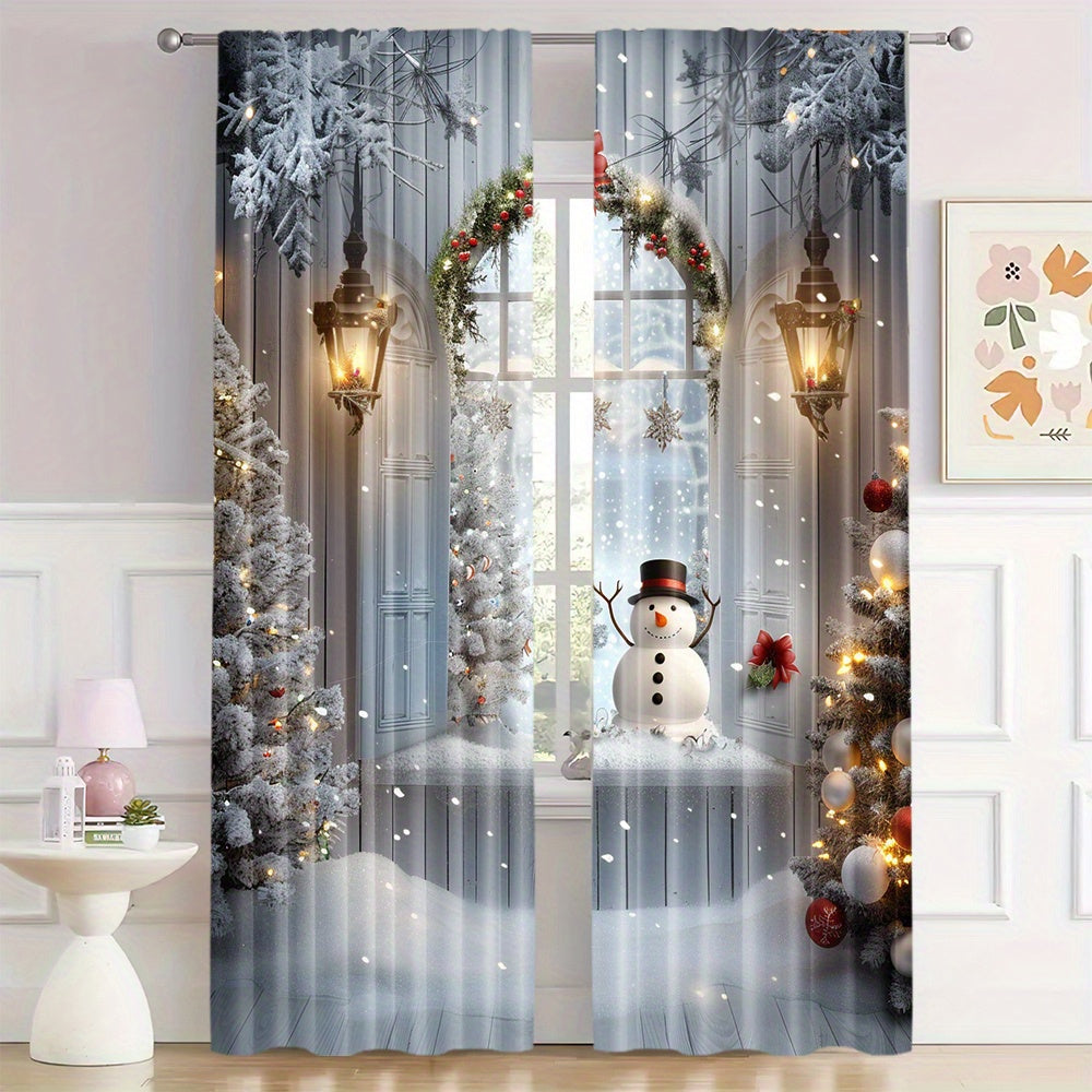 Polyester Christmas Curtains with Snowman and Tree Print Pack of 2 for Holiday Decor