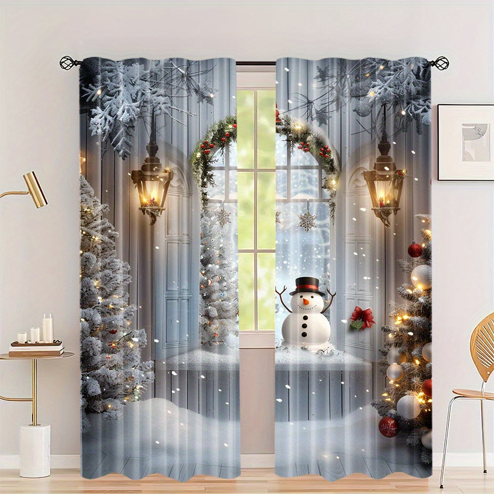 Polyester Christmas Curtains with Snowman and Tree Print Pack of 2 for Holiday Decor