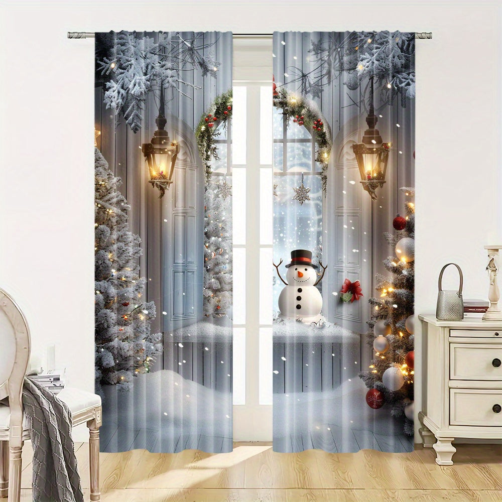 Polyester Christmas Curtains with Snowman and Tree Print Pack of 2 for Holiday Decor