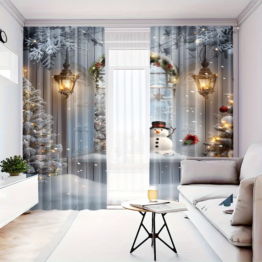 Polyester Christmas Curtains with Snowman and Tree Print Pack of 2 for Holiday Decor