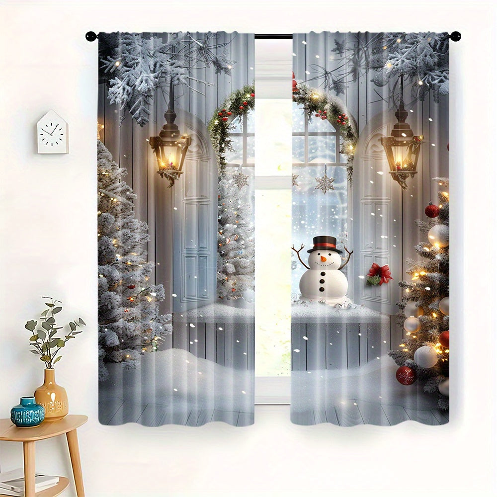 Polyester Christmas Curtains with Snowman and Tree Print Pack of 2 for Holiday Decor