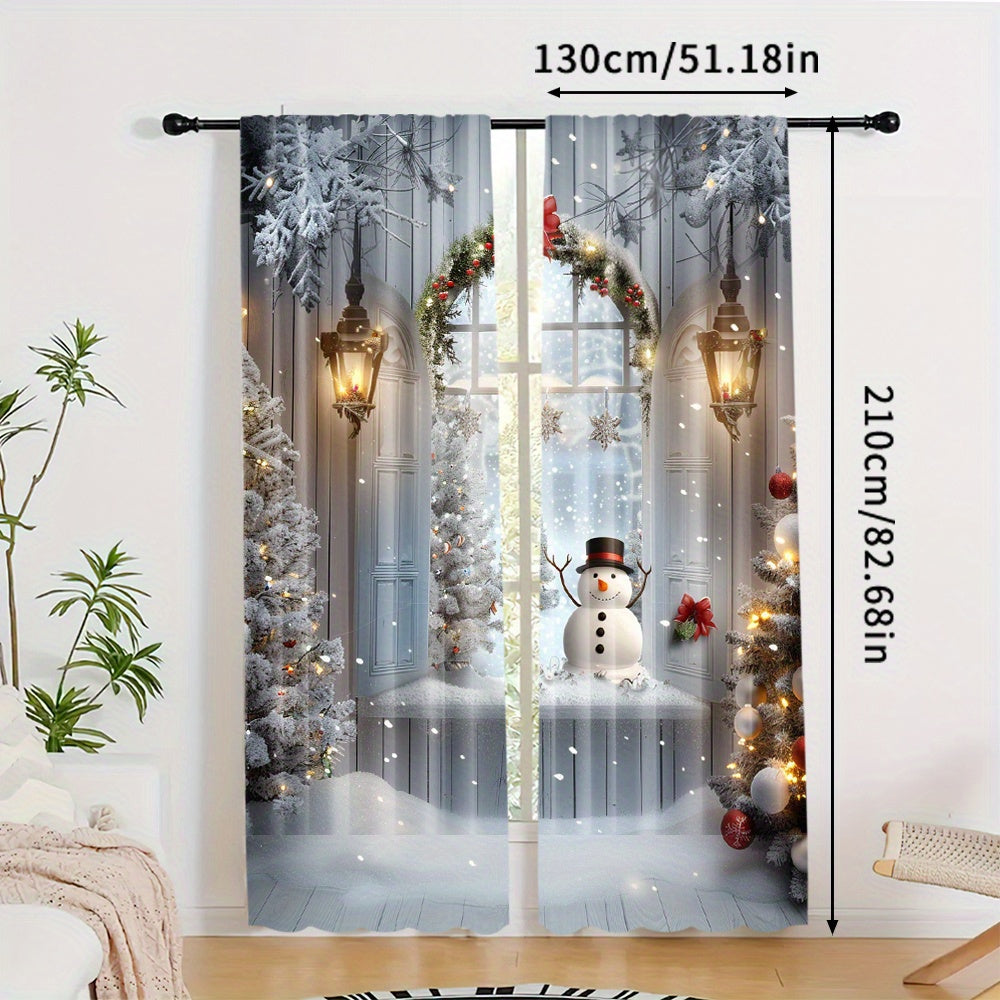 Polyester Christmas Curtains with Snowman and Tree Print Pack of 2 for Holiday Decor