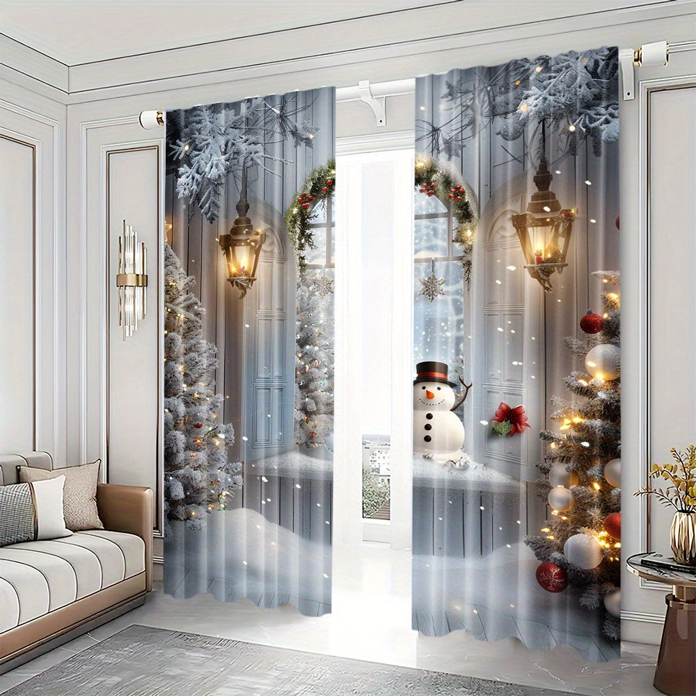 Polyester Christmas Curtains with Snowman and Tree Print Pack of 2 for Holiday Decor