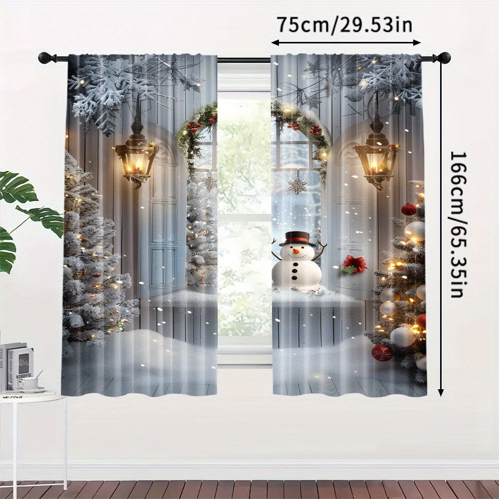 Polyester Christmas Curtains with Snowman and Tree Print Pack of 2 for Holiday Decor