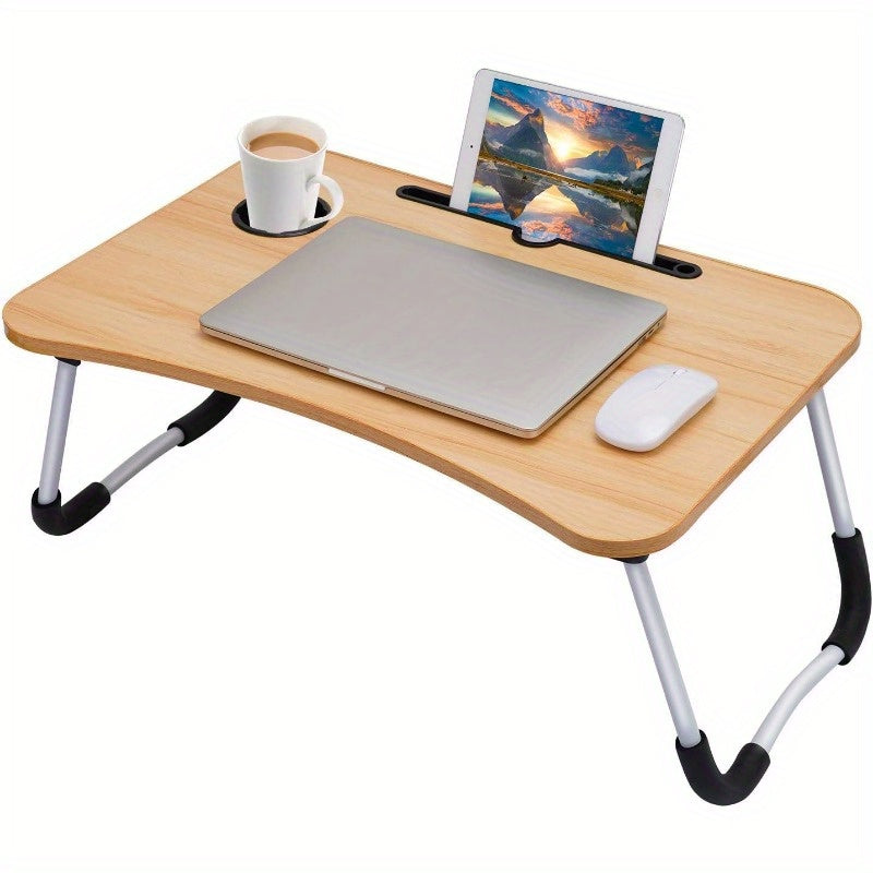 Wooden Laptop Desk with Tablet Slot and Cup Holder for Bed Sofa Floor Use