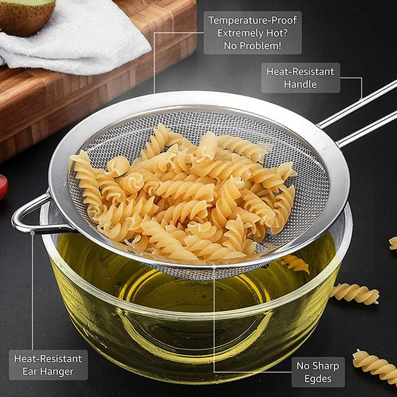 Набор из 3 мелкоячеистых сит из нержавеющей стали — идеально подходит для процеживания масла и просеивания муки, необходимый кухонный инвентарь