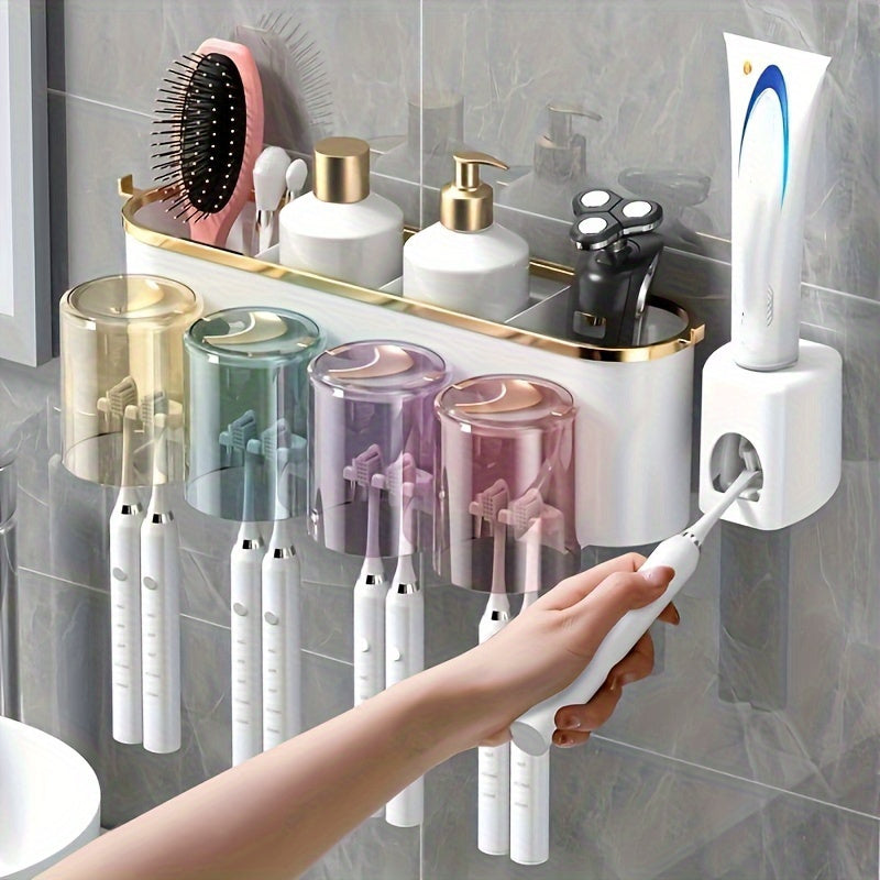 PVC Wall-Mounted Bathroom Organizer with Toothbrush and Mug Holder