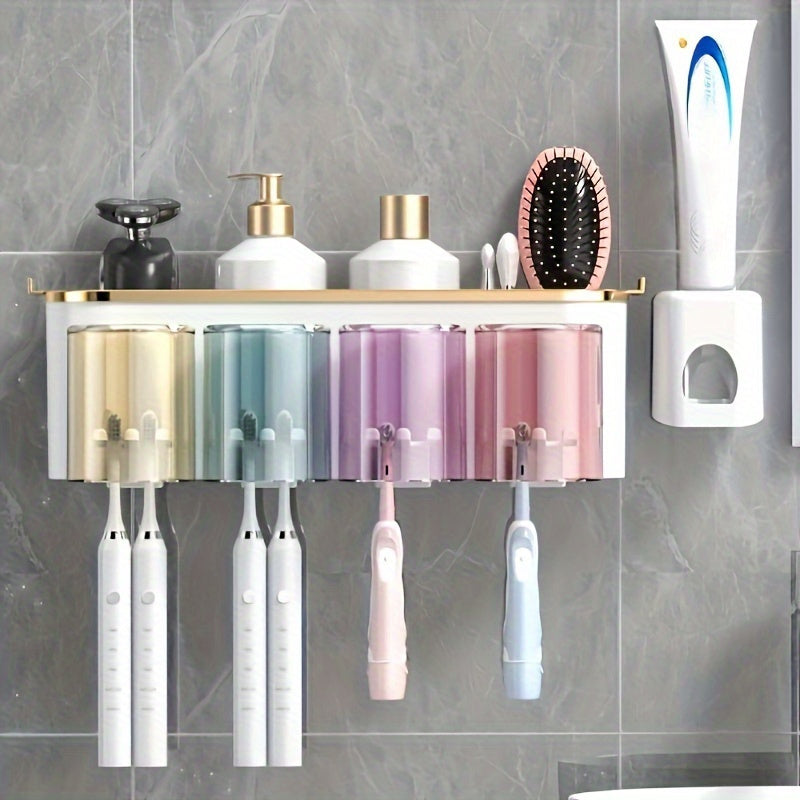 PVC Wall-Mounted Bathroom Organizer with Toothbrush and Mug Holder