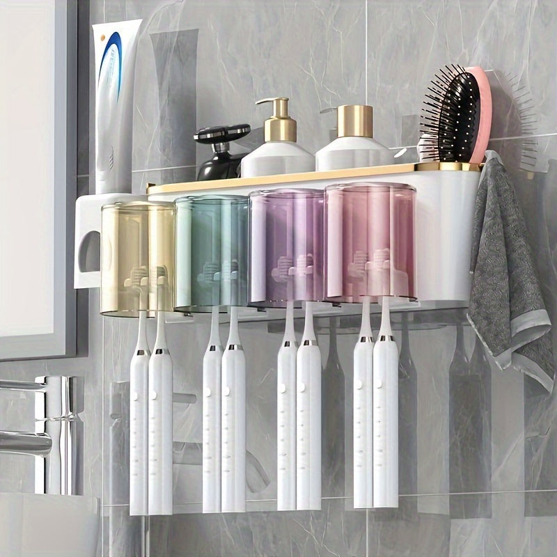 PVC Wall-Mounted Bathroom Organizer with Toothbrush and Mug Holder