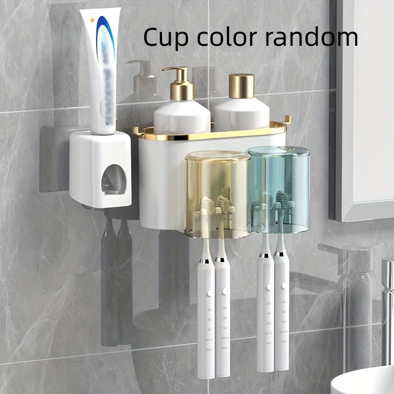 PVC Wall-Mounted Bathroom Organizer with Toothbrush and Mug Holder